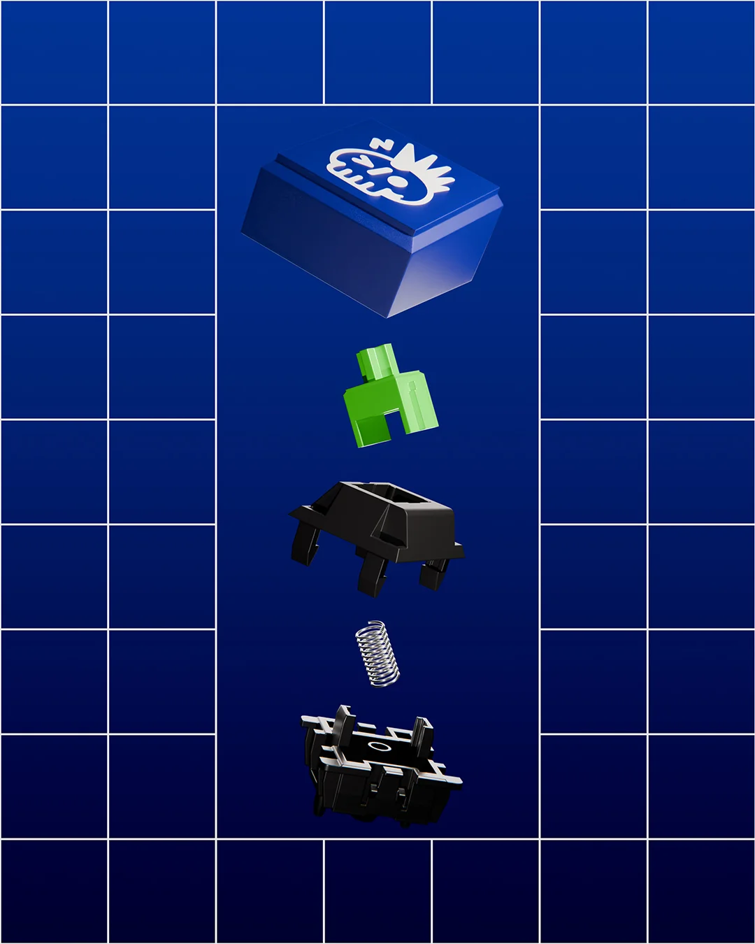 Devpunks - 3D render of an exploded mechanical key: punk skull keycap, switch and spring, a Backdoor Studio project