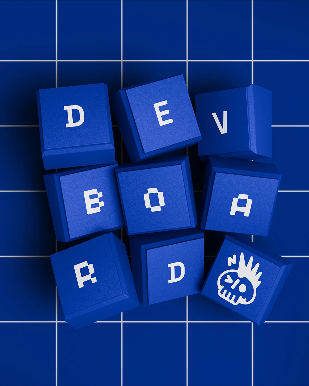 Devpunks - blue 3D-printed keycaps spelling DEVBOARD, with the punk skull, a Backdoor Studio project