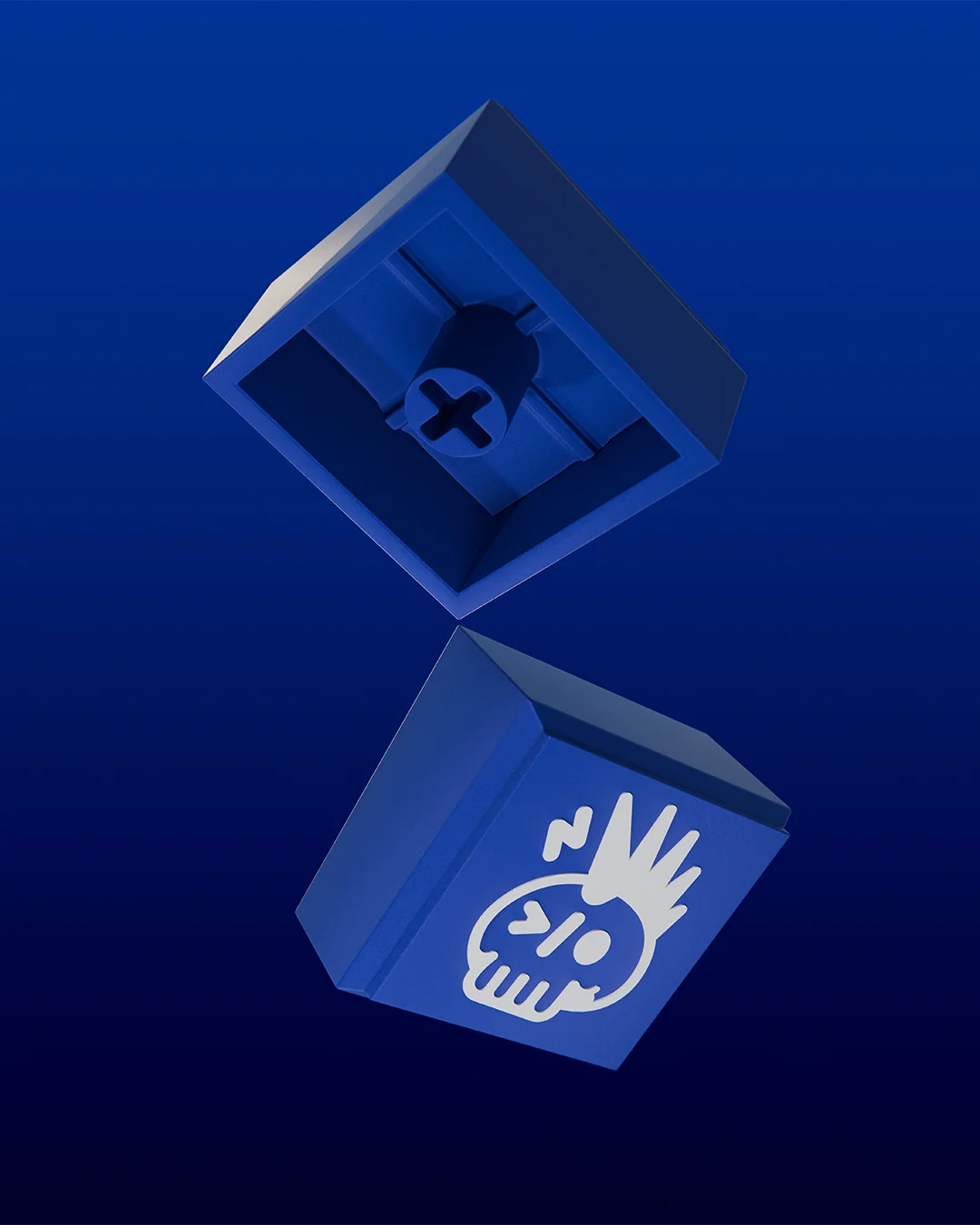 Devpunks - blue punk skull keycap seen from above and below, 3D render, a Backdoor Studio project