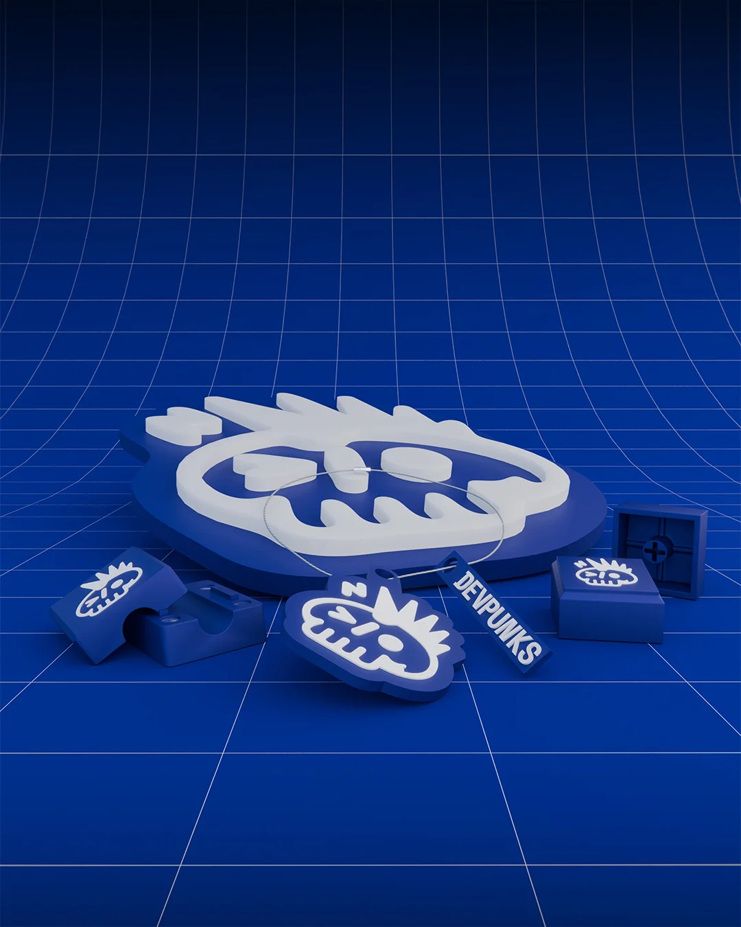 Devpunks - collection of 3D-printed gadgets: badge, keychains, cable organiser and keycap, a Backdoor Studio project
