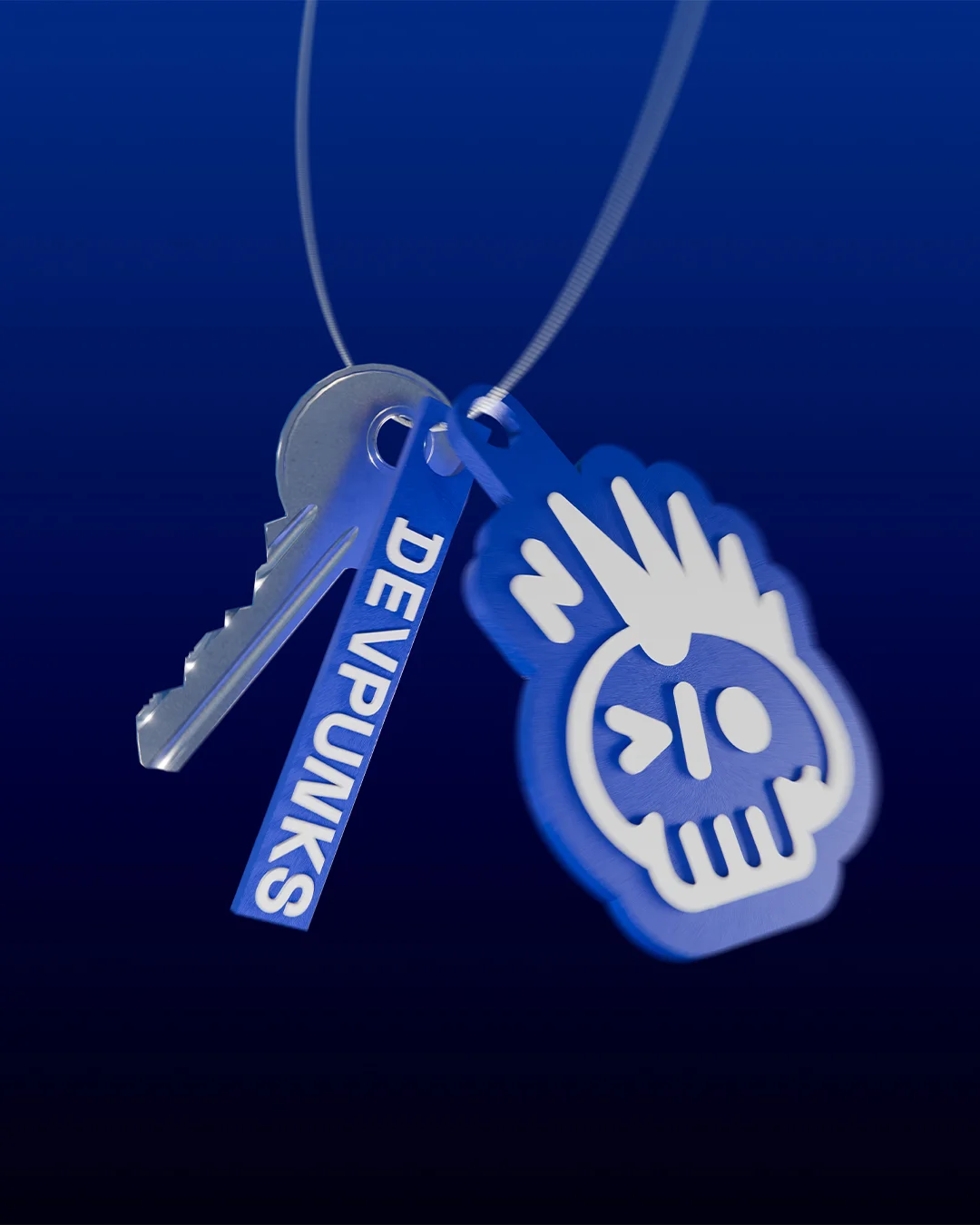 Devpunks - 3D-printed DEVPUNKS and punk skull keychains hanging with a key, a Backdoor Studio project