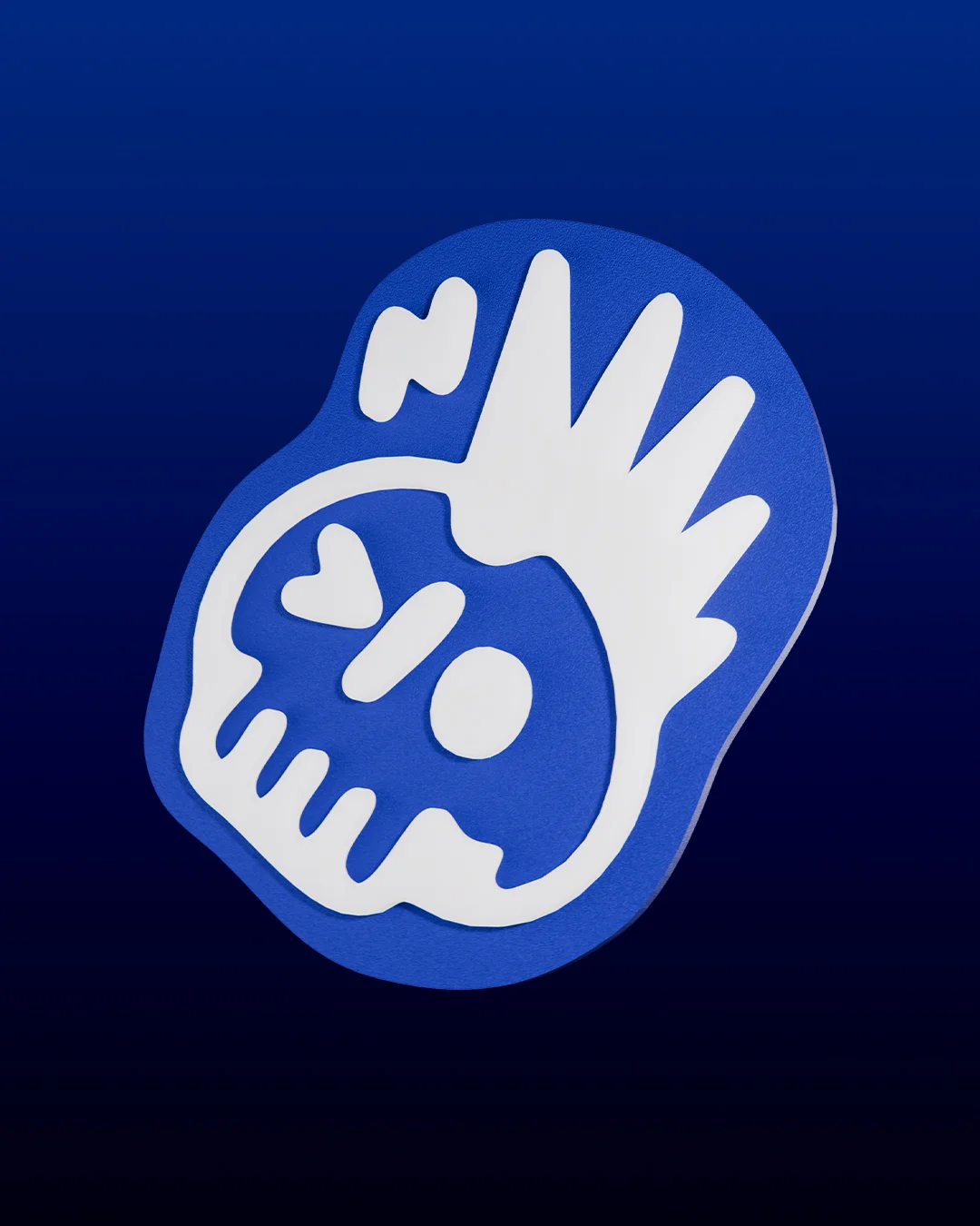 Devpunks - large blue and white 3D-printed punk skull badge, a Backdoor Studio project